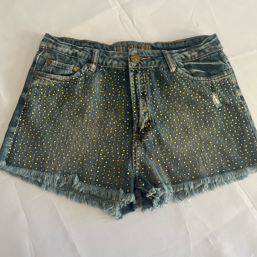 Women's Blue Denim Shorts with Gold Accents